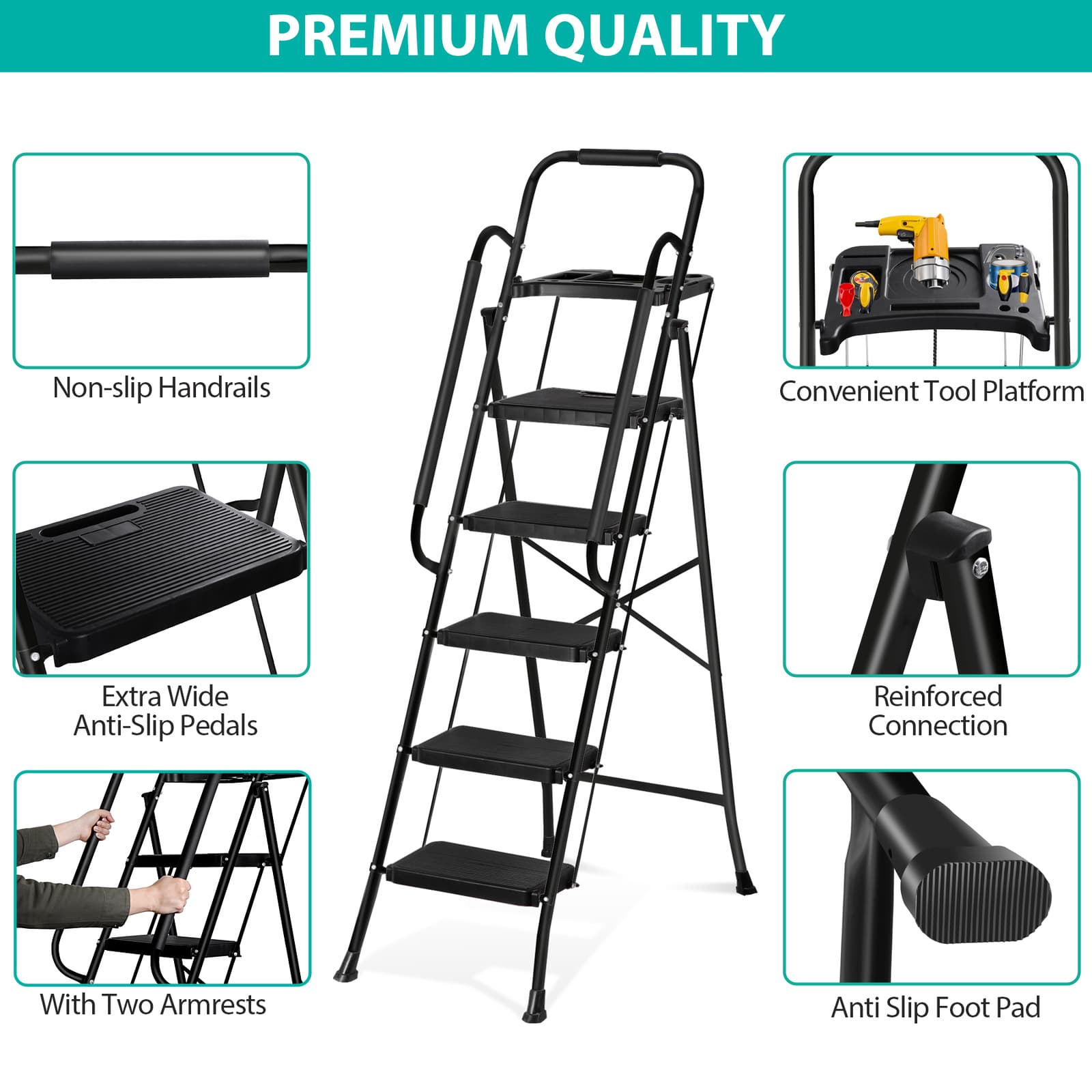 5 Step Ladder w/Tool Tray Folding Step Stool Wide Anti-Slip Pedal Handgrip Black 6