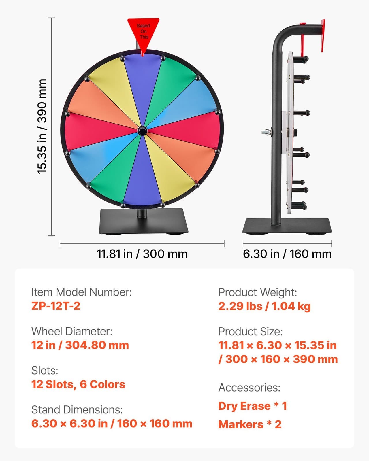 VEVOR 12 in Spinning Prize Wheel,12 Slots Spinning Wheel with Stand,Tabletop Win 6