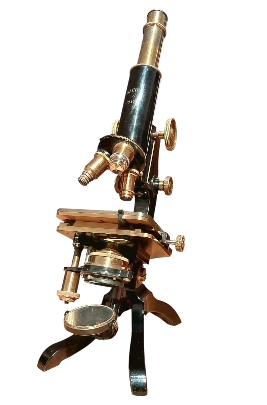 ANTIQUE 1910 FIRST SIDE-MOUNTED FINE ADJUSTMENT KNOBS MICROSCOPE BY NACHET PARIS 2