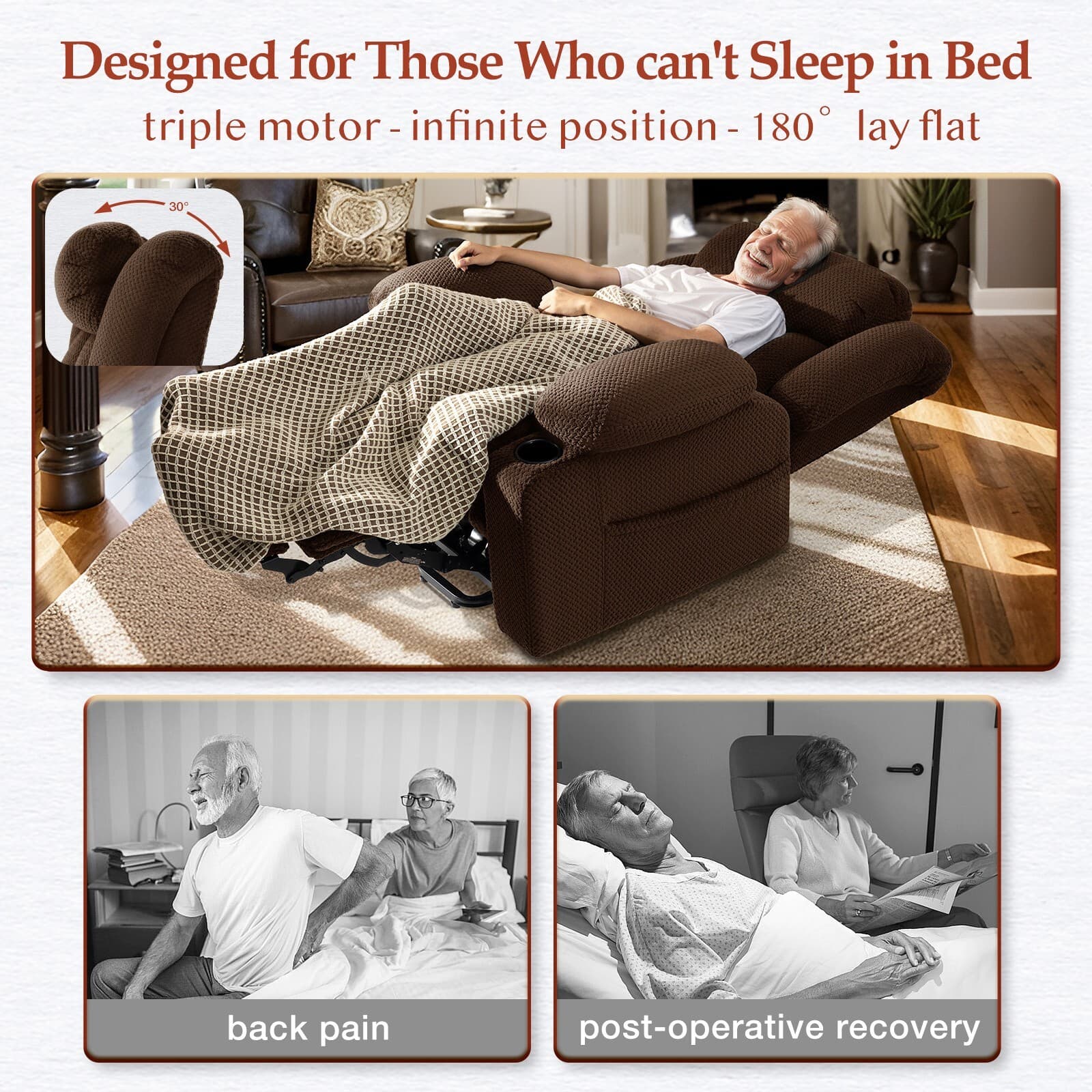 Flannel Triple Motor Lay Flat Large Power Lift Chair Recliner with Headrest 4