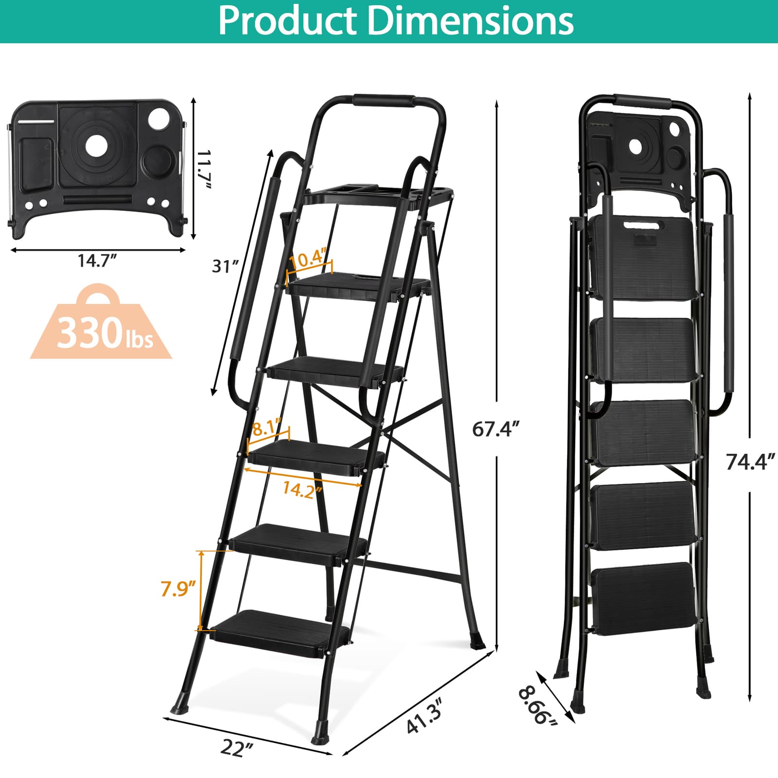 5 Step Ladder w/Tool Tray Folding Step Stool Wide Anti-Slip Pedal Handgrip Black 4