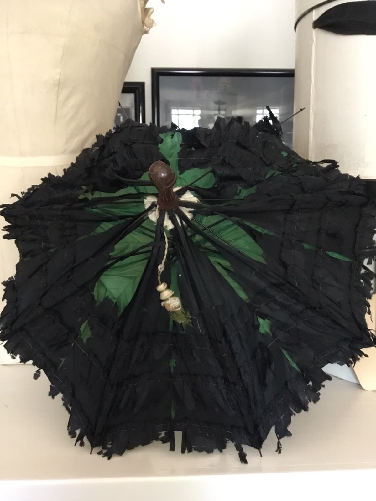 Antique Victorian Edwardian Parasol Umbrella Black Green Lining Shattered AS IS 3