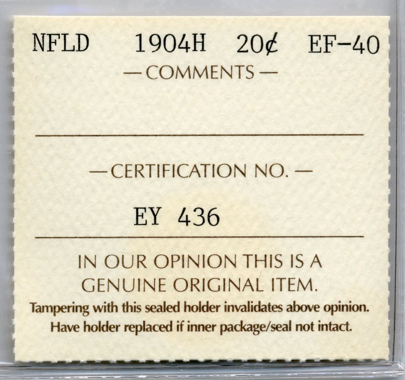 1904H Newfoundland 20 Cents - Extremely Fine, ICCS EF40 4