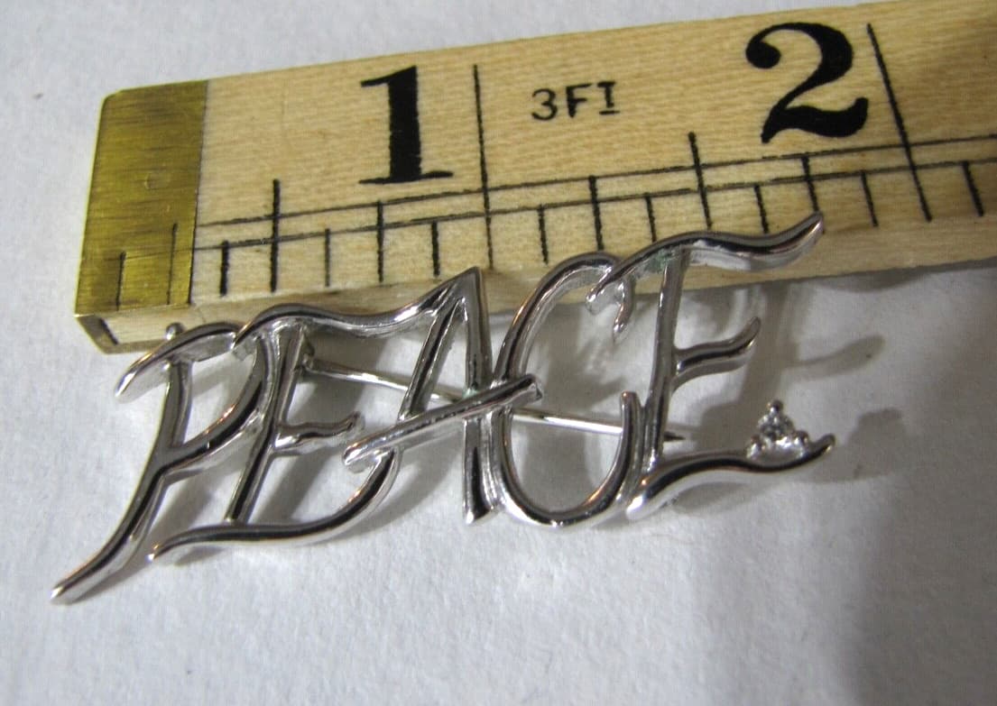 Modernist Sterling Silver Peace Cut Out Pin Open Silver Work Diamond Chip Signed 4