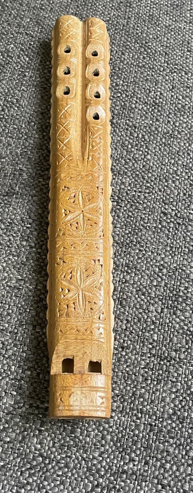 VTG Yugoslavian Hand Carved Wooden Double Flute, Traditional Musical Instrument