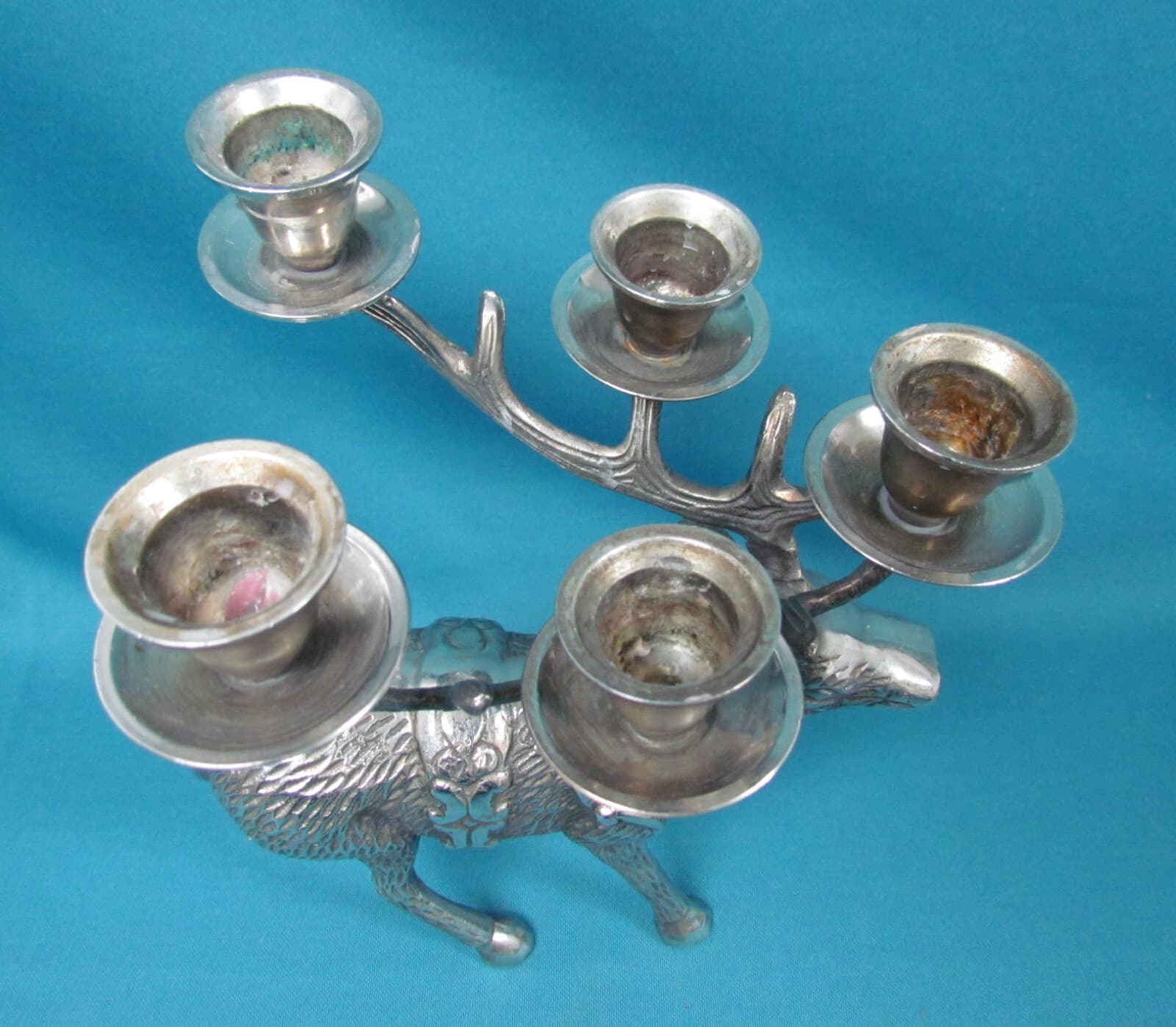 Reindeer Candelabra Silver Tone Cast Metal Christmas Deer 5 Candle 5