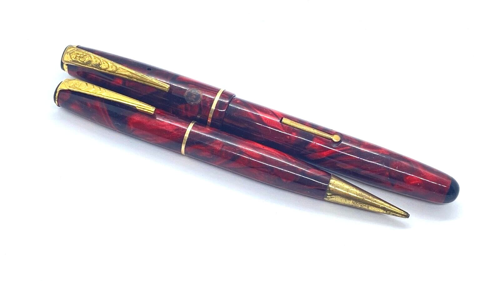 VINTAGE ONOTO JUNIOR FOUNTAIN PEN AND PENCIL SET IN BRIGHT RED 14K MEDIUM NIB 2