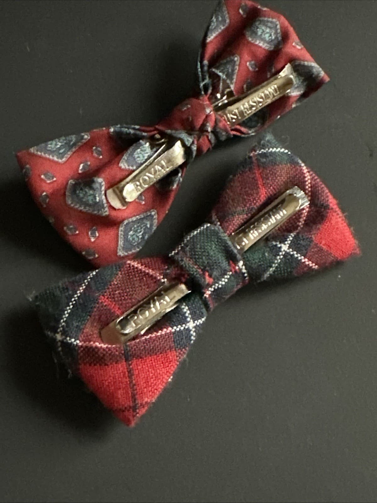 2 Vtg Kids Clip On Bow Tie Royal Rust Resistant Red Plaid Diamond 5