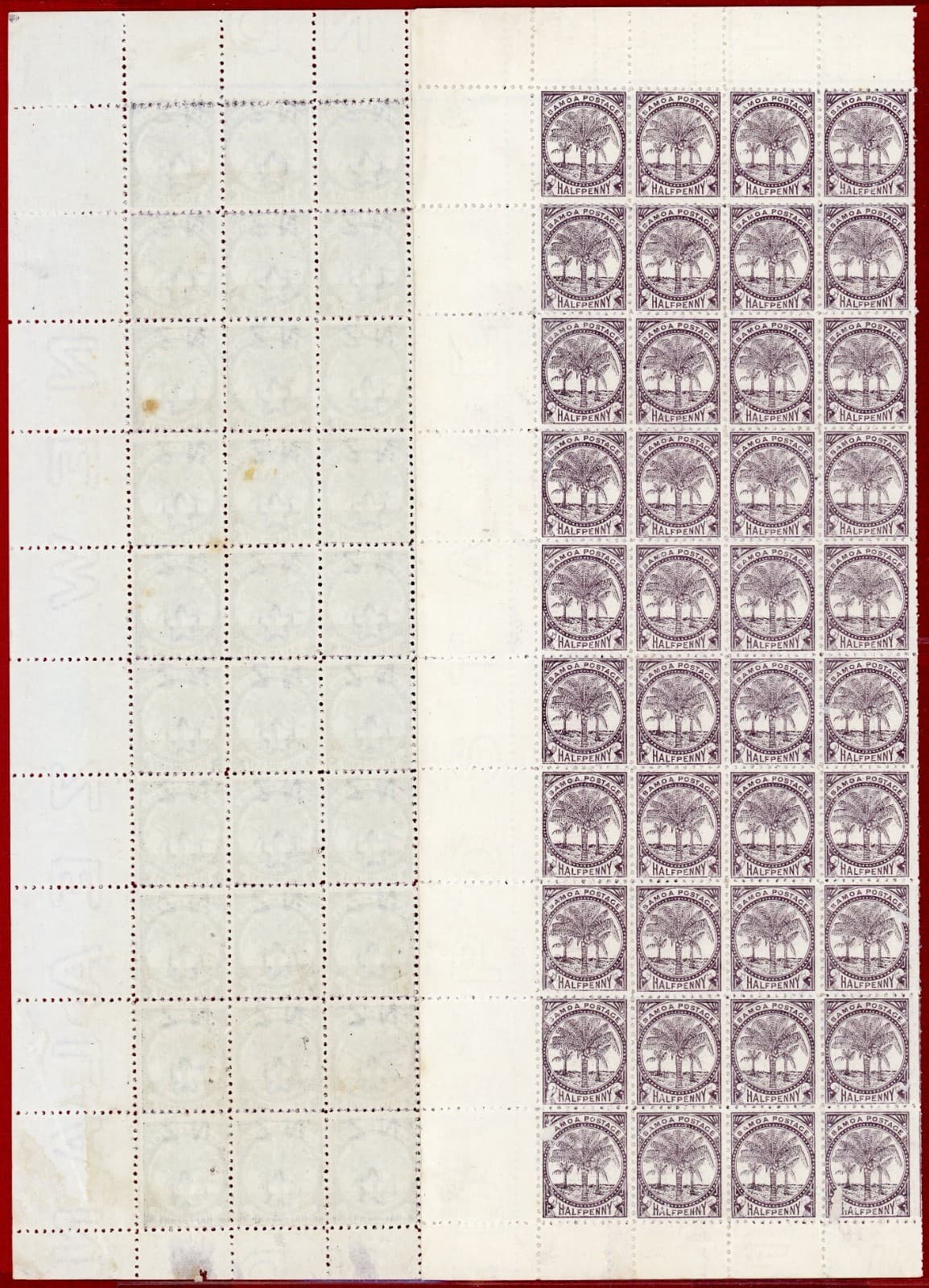 Samoa #9d, ½p Purple Brown, Sheet of 60+60, Mint, No Gum, SCV $690.00 2