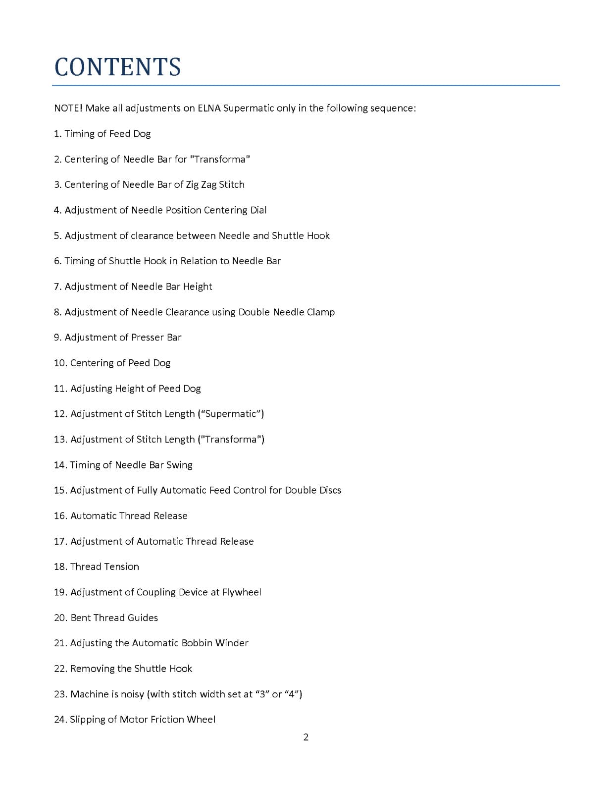 Elna Supermatic Transforma Service Manual: Coil Bound 42 Pages 3