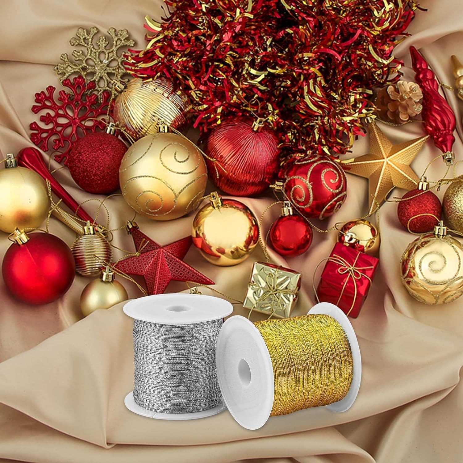 110 Yards Gold Ornaments String, 2 Spool 0.2mm Sliver & Gold Strings for Ornamen 3