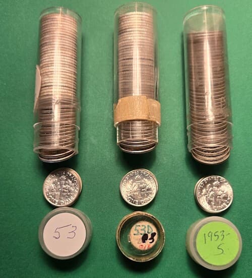 1953 PDS (3 coins) Roosevelt Dimes from original BU rolls - 24 Sold 3