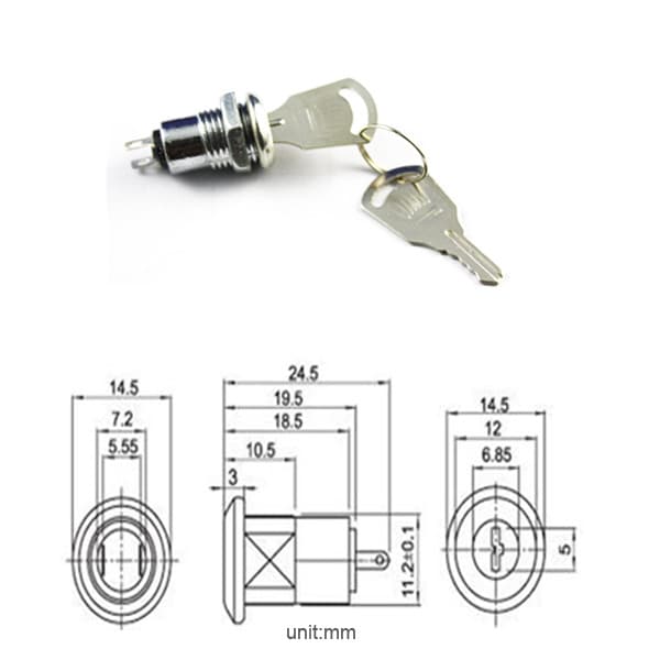 1 × Mini Key Switch 2 Pin ON-OFF Lock Switch 12mm Metal Shell With two Keys SPST 5