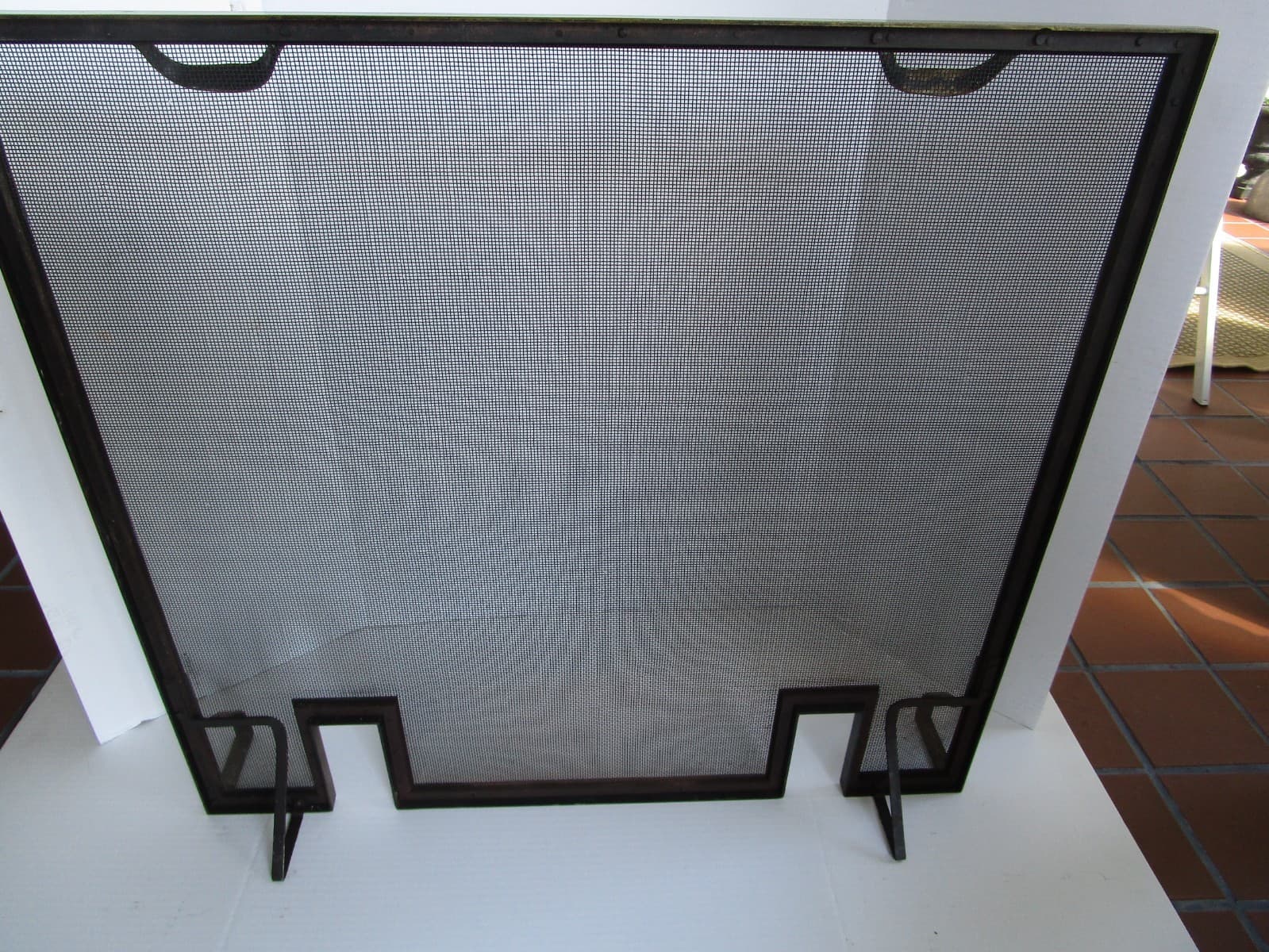 Vintage Art Deco brass frame Fireplace Fire-screen w/andirons slots 31.5" W 1930 3