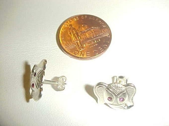 STERLING SILVER ELEPHANT TRUNK UP FUCHSIA RHINESTONE EYE 13x11mm. EARRINGS V957 2