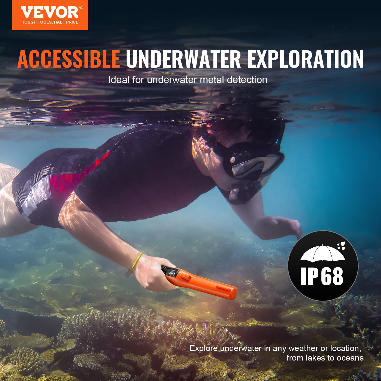 VEVOR Metal Detector Pinpointer IP68 Waterproof Handheld Detector Wand with LCD 2