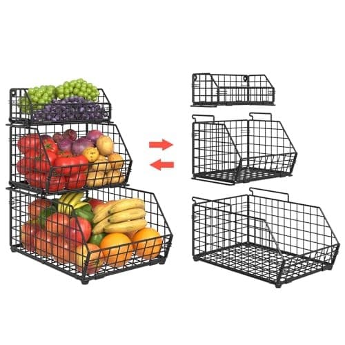 3-Tier Fruit Basket for Kitchen Counter, Stackable Wire Baskets Wall, Potato  6
