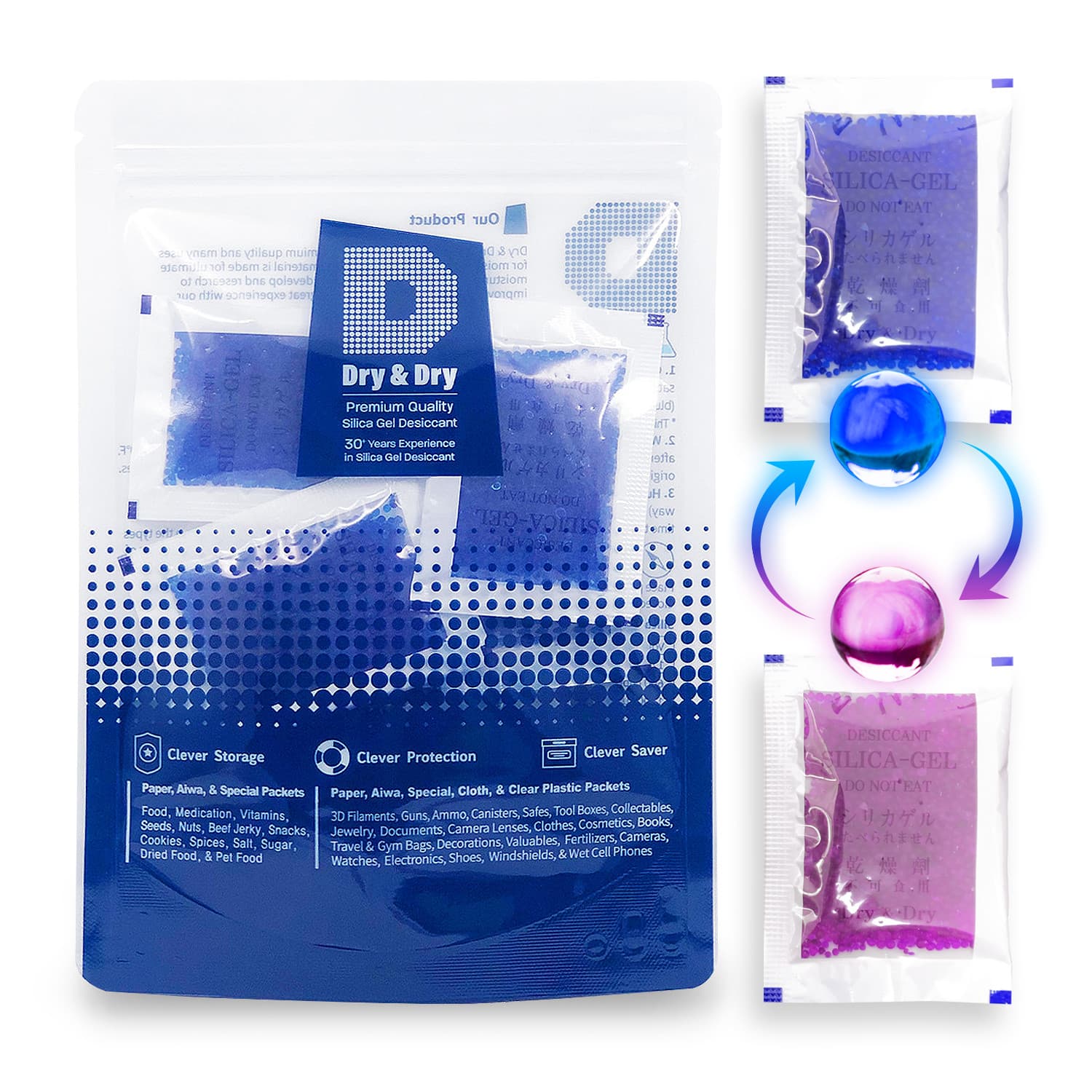 [30 Pk] 5 Gram" Dry & Dry" Premium Blue Indicating Silica Gel Packets - Reusable