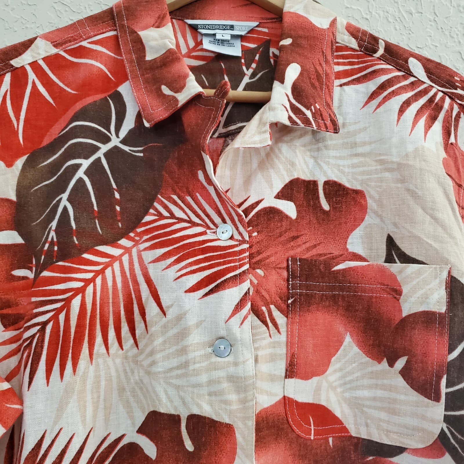 Vintage 90's Stonebridge Linen Blend Red Tropical Button Up Blouse Size Large 2