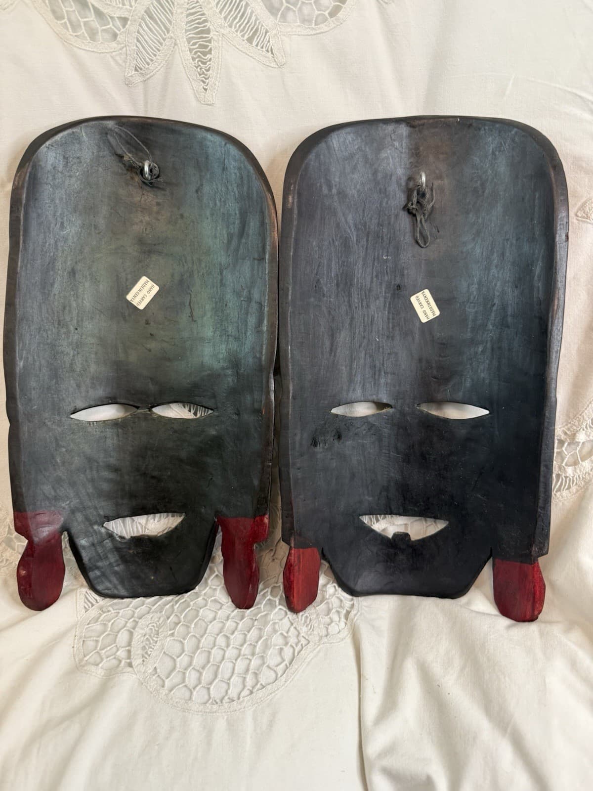 2 Hand Carved Kenyan Kenya Wooden Red Black Tribal Art Masks 12”x6.5” 2