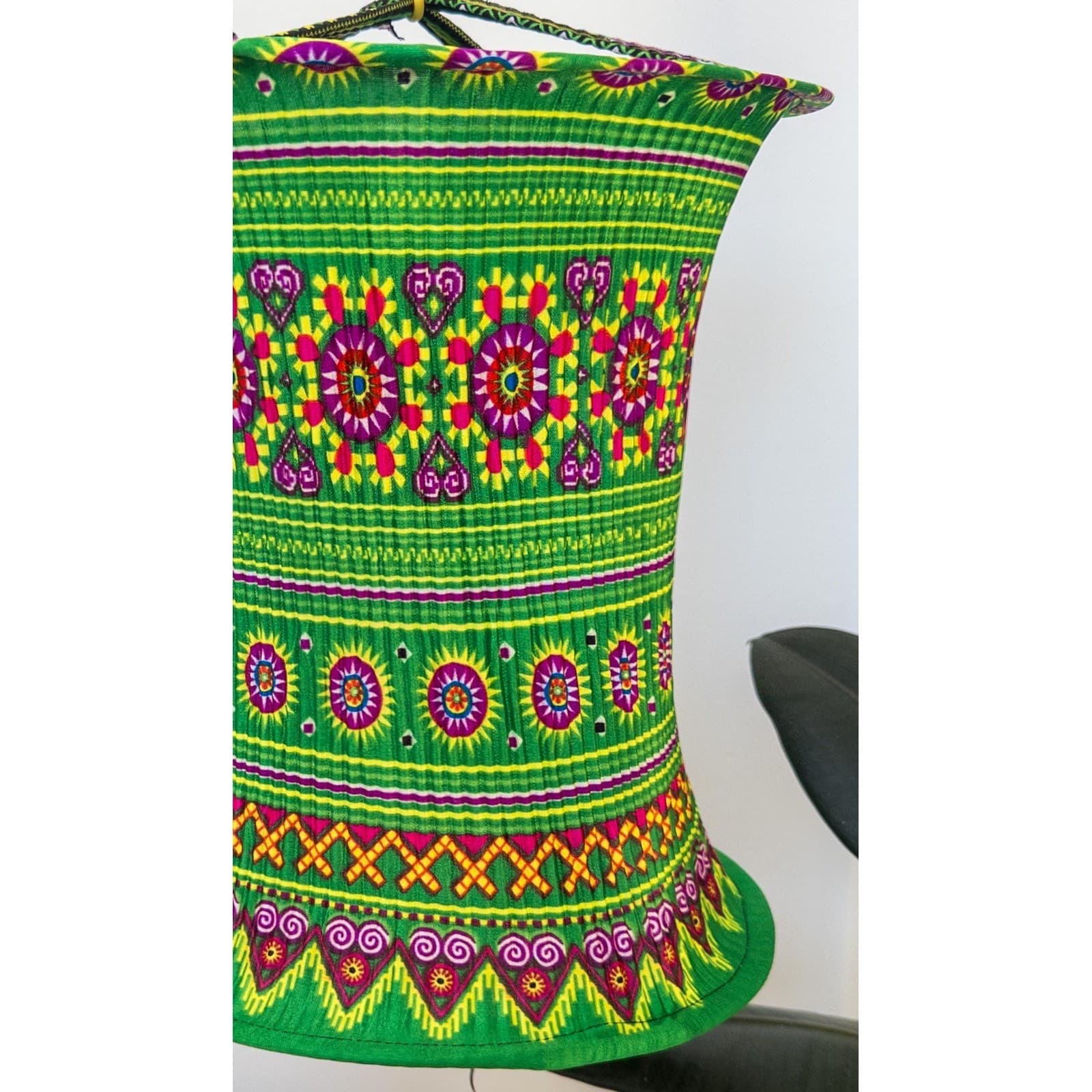 Handmade Hmong Fabric Lantern: Green Boho Hanging Light, Vietnamese Home Decor 2