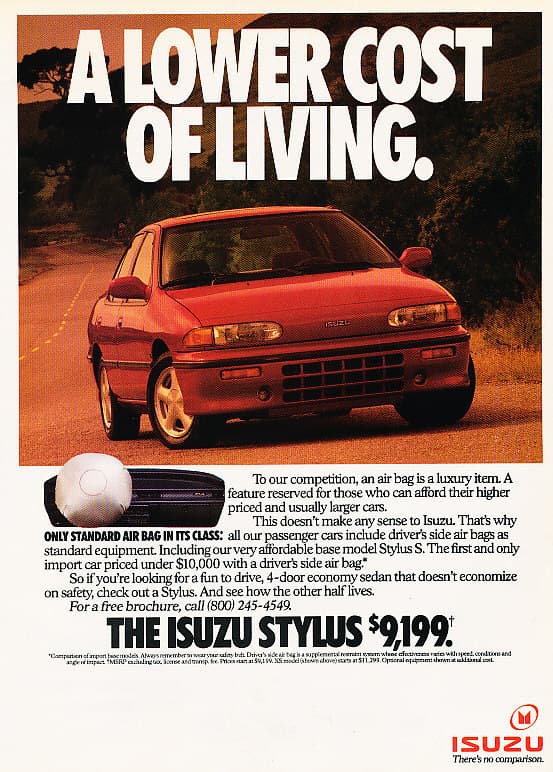1991 Isuzu Stylus - lower cost - Classic Vintage Advertisement Ad H07