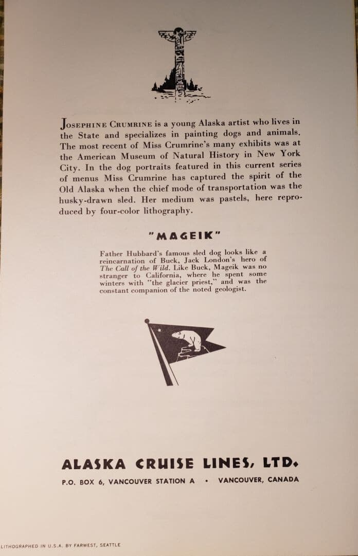 1941 SS Alaska Cruise Lines 22 Husky Sled Dog Art Cards Menu Joseph  Crumrine 4