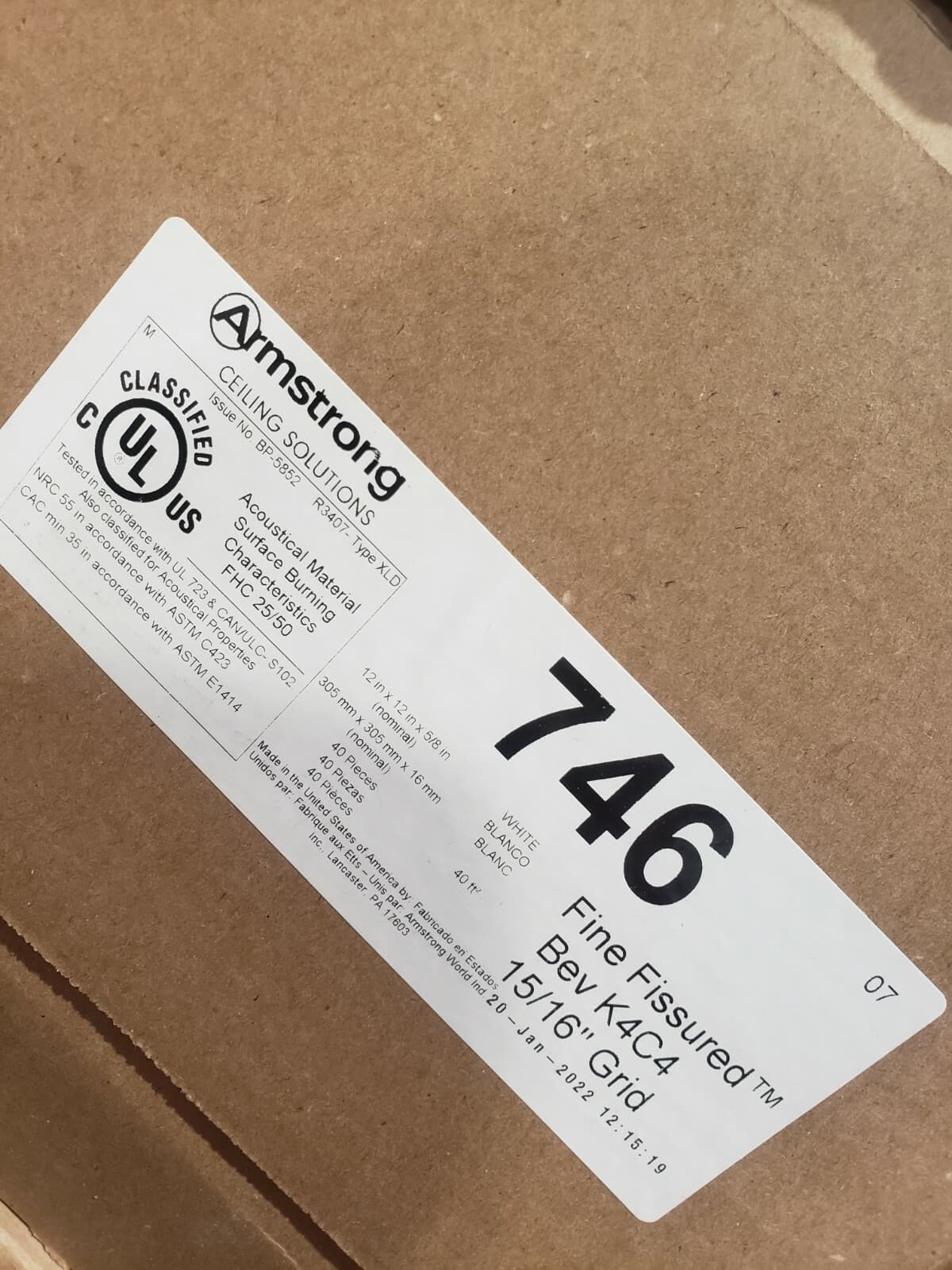 armstrong ceiling tiles 746 fine fissured bev k4c4 15/16" Grid 40 pk. 5/8"thick