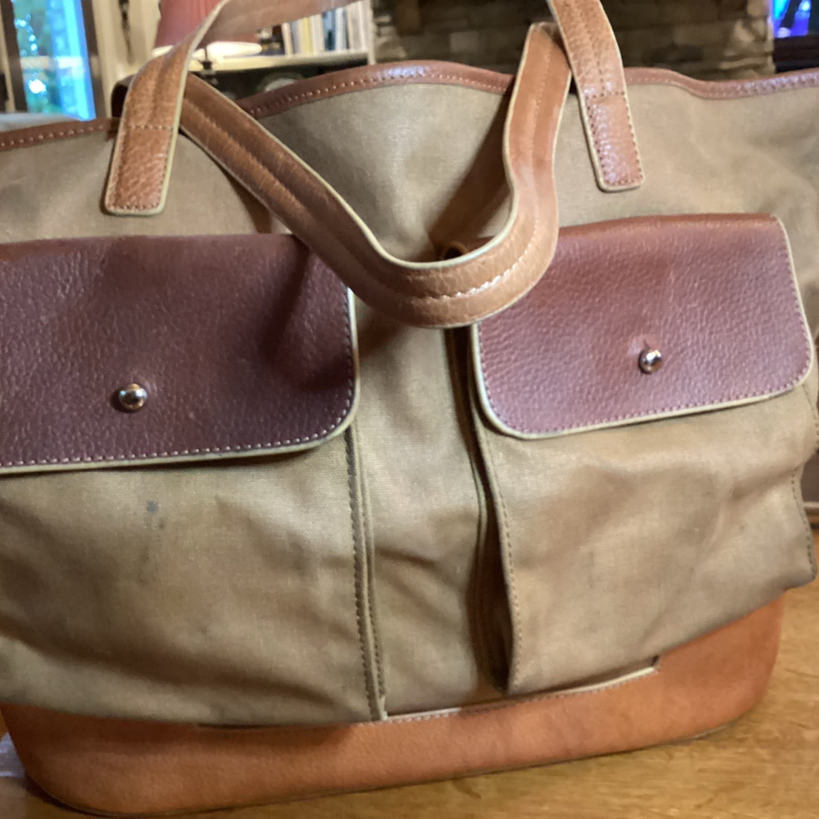 Hunter Boots Leather & Canvas Tote Bag  Brown Shoulder Pockets Travel Commute 2