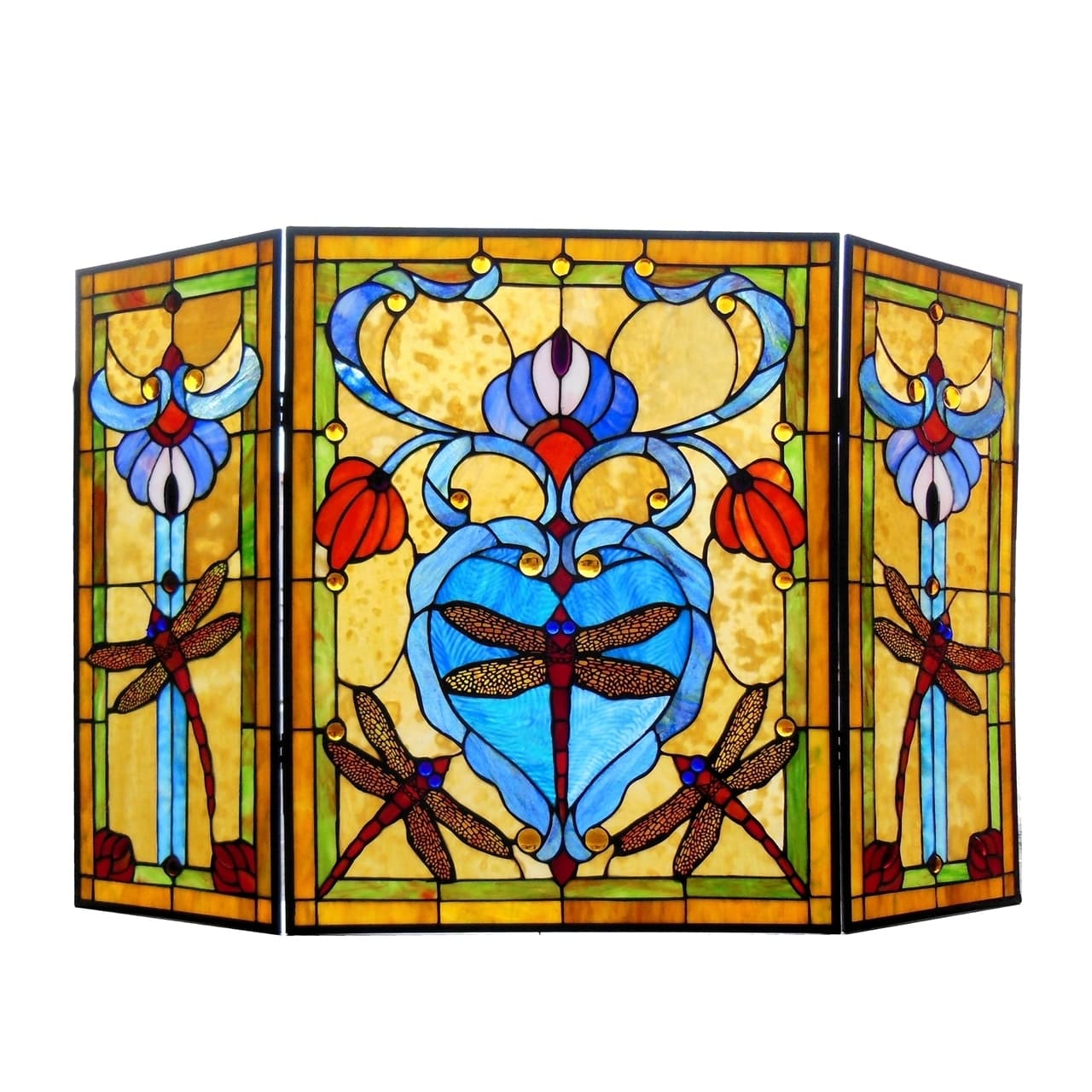 Fireplace Screen Tiffany Style Stained Glass 3 Section Dragonfly ONE THIS PRICE 2