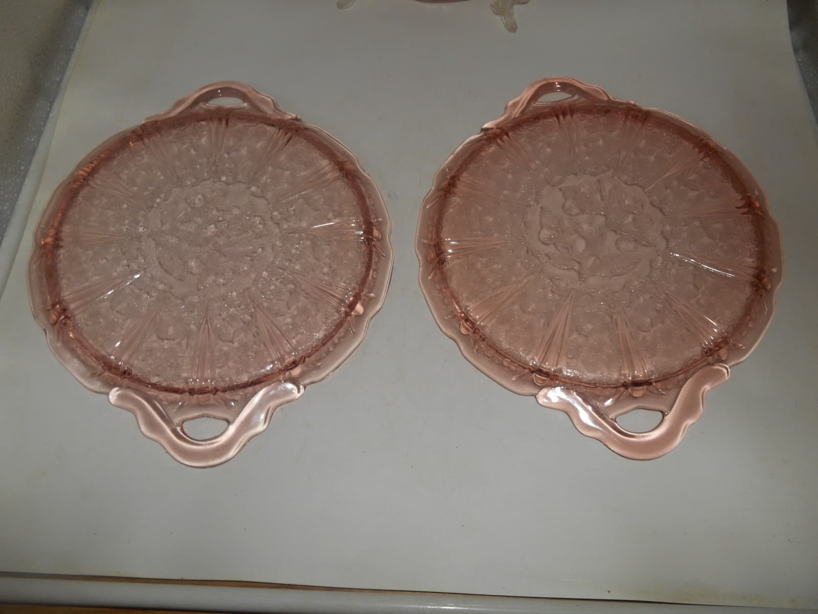 Excellent Jeanette Pink Cherry Blossom depression glass 12 5/8" Handled Tray 6