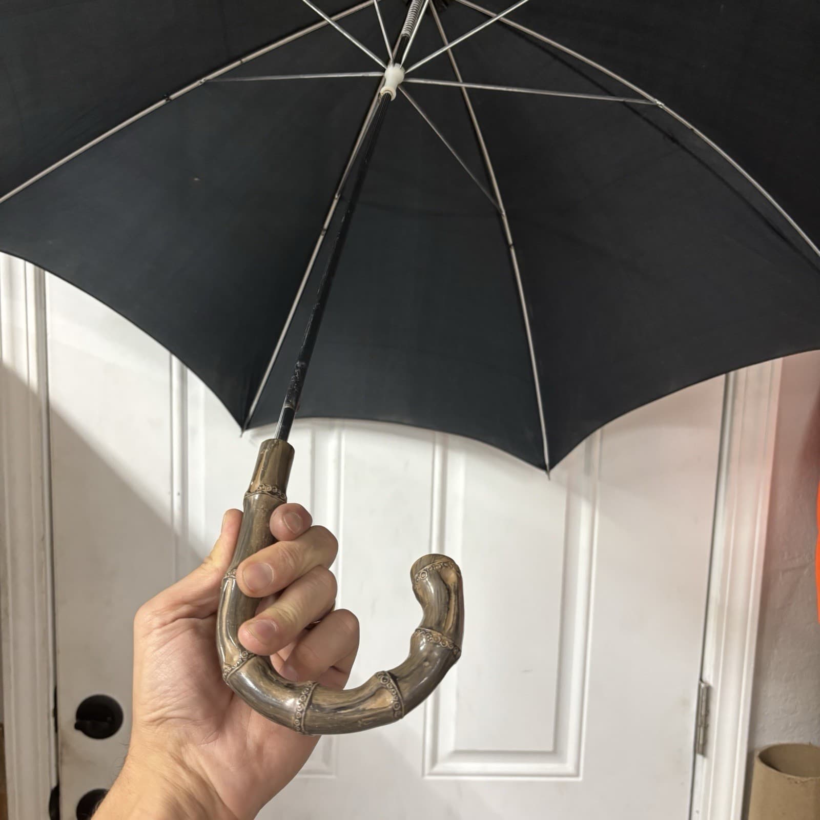 Faux Bamboo Handle Umbrella Black Nylon Hong Kong 42”