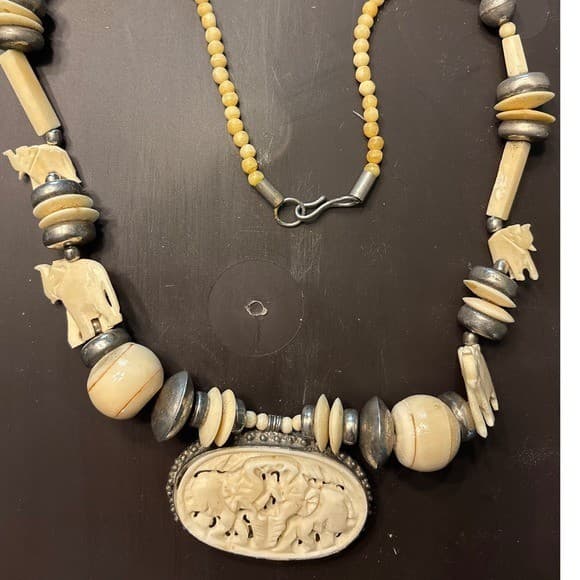 Vintage Elephant Necklace Carved Bovine Bone Beads Boho Tribal Statement Jewelry