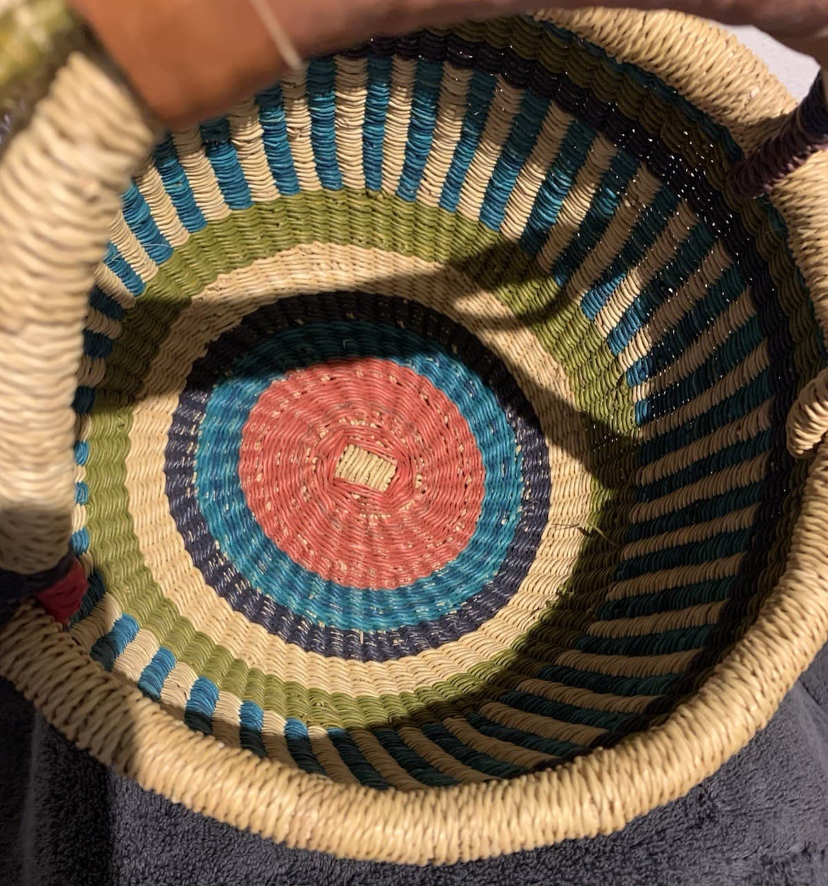 Bolga African Market Basket Hand Woven With Leather Wrapped Handle 9” x 6” x 10” 6