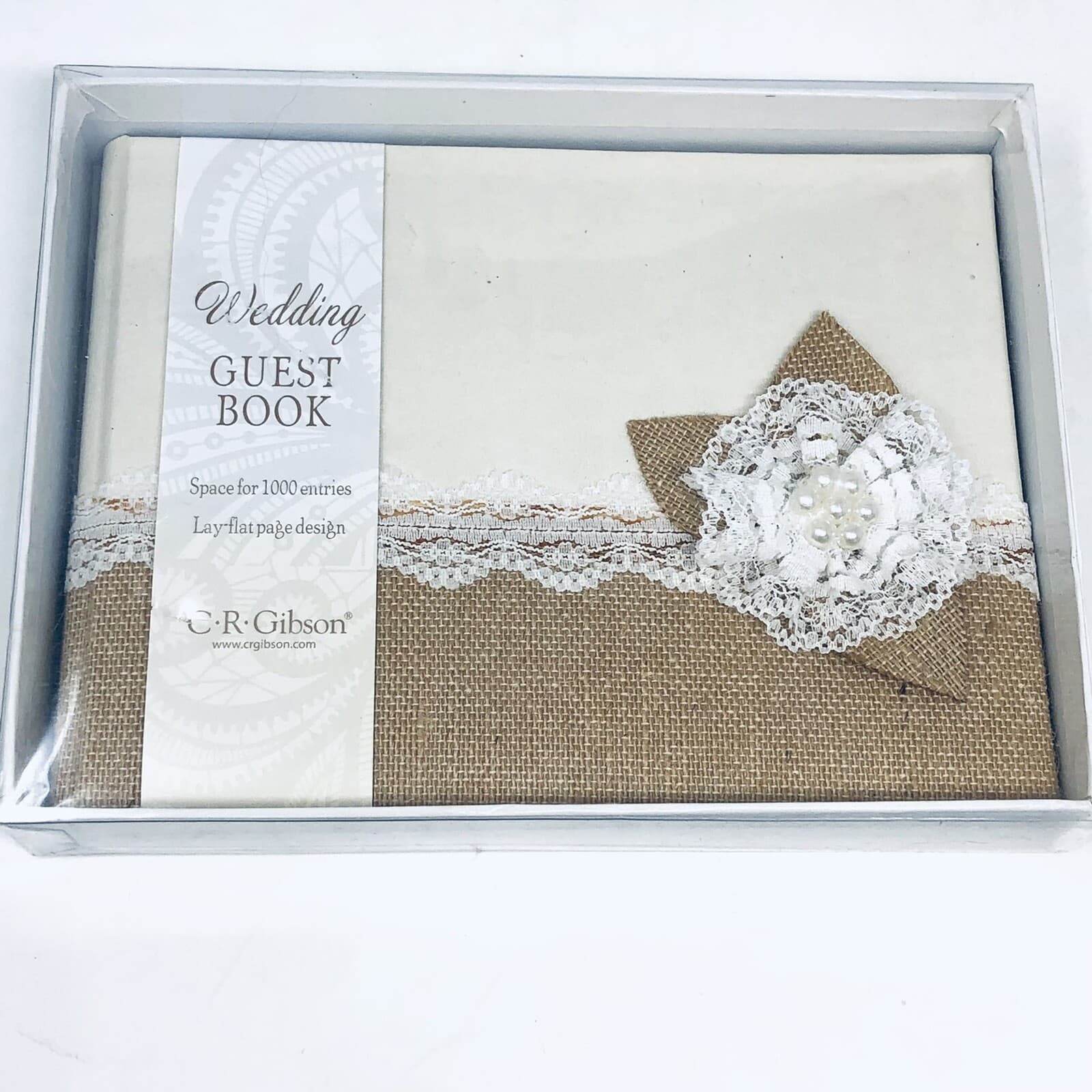 CR Gibson Wedding Guest Book Space for 1000 Entries Ivory Burlap Pearls Lace NIB