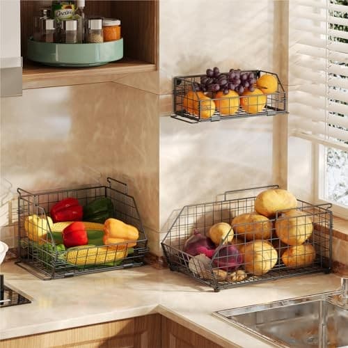 3-Tier Fruit Basket for Kitchen Counter, Stackable Wire Baskets Wall, Potato  2