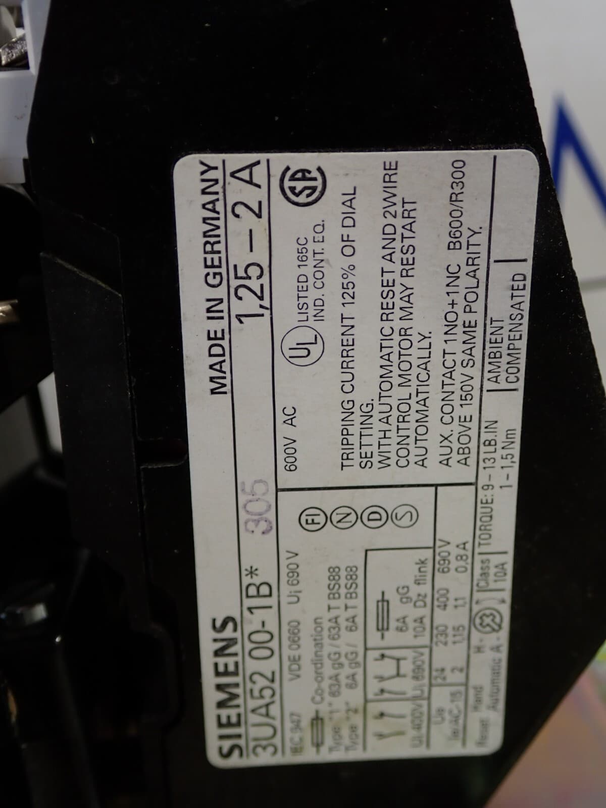 SIEMENS Size 1 Starter SXL CO 27 amp 600v 3UA52 00-1B 1.25-2A OL 120v Coil 3