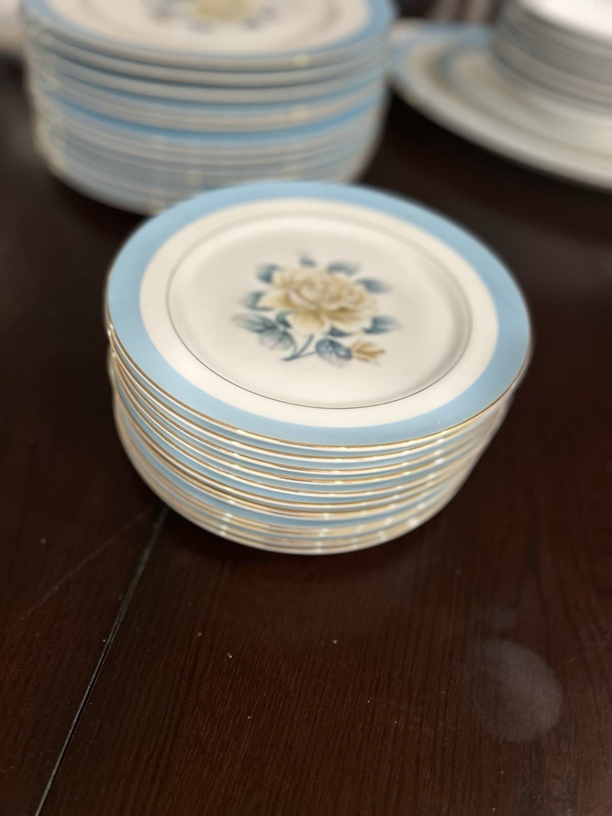 Vintage Narumi China Japan Yellow RoseN258Dinnerware Set-67Pieces BlueTrimGoldEd 5