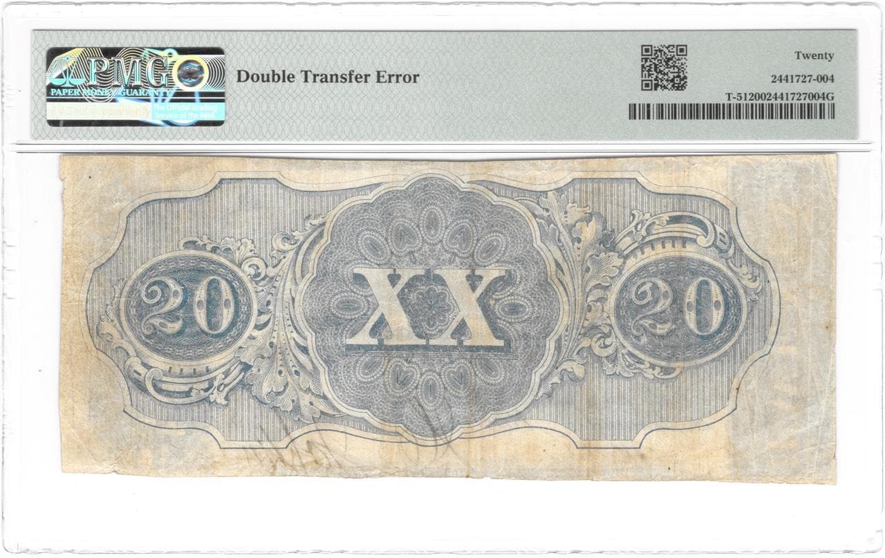 RARE DOUBLE TRANSFER ERROR T-51 PF-13 1862 $20 CONFEDERATE PAPER MONEY PMG VF20 3