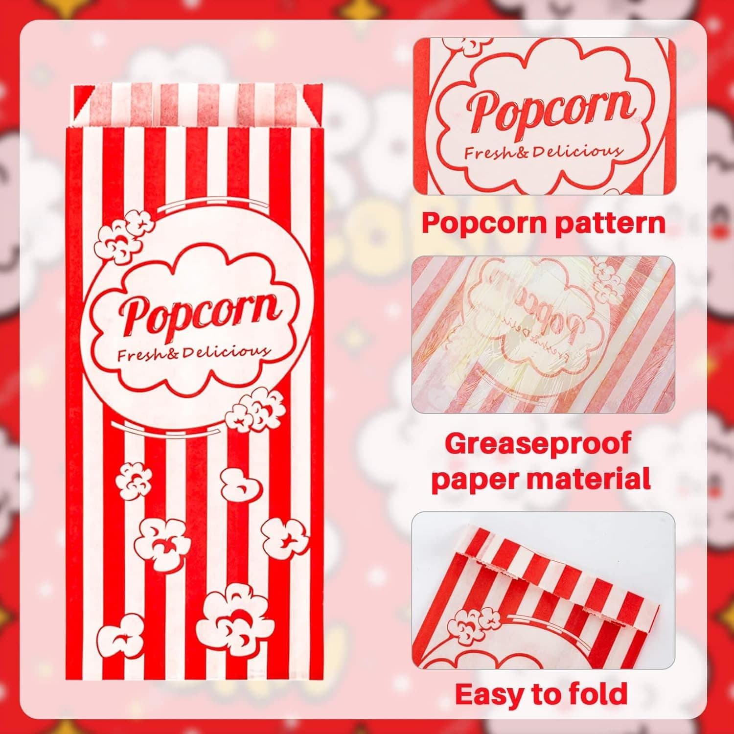 MAQIHAN 100 Popcorn Bags Individual Servings - Disposable Paper Bags...  3