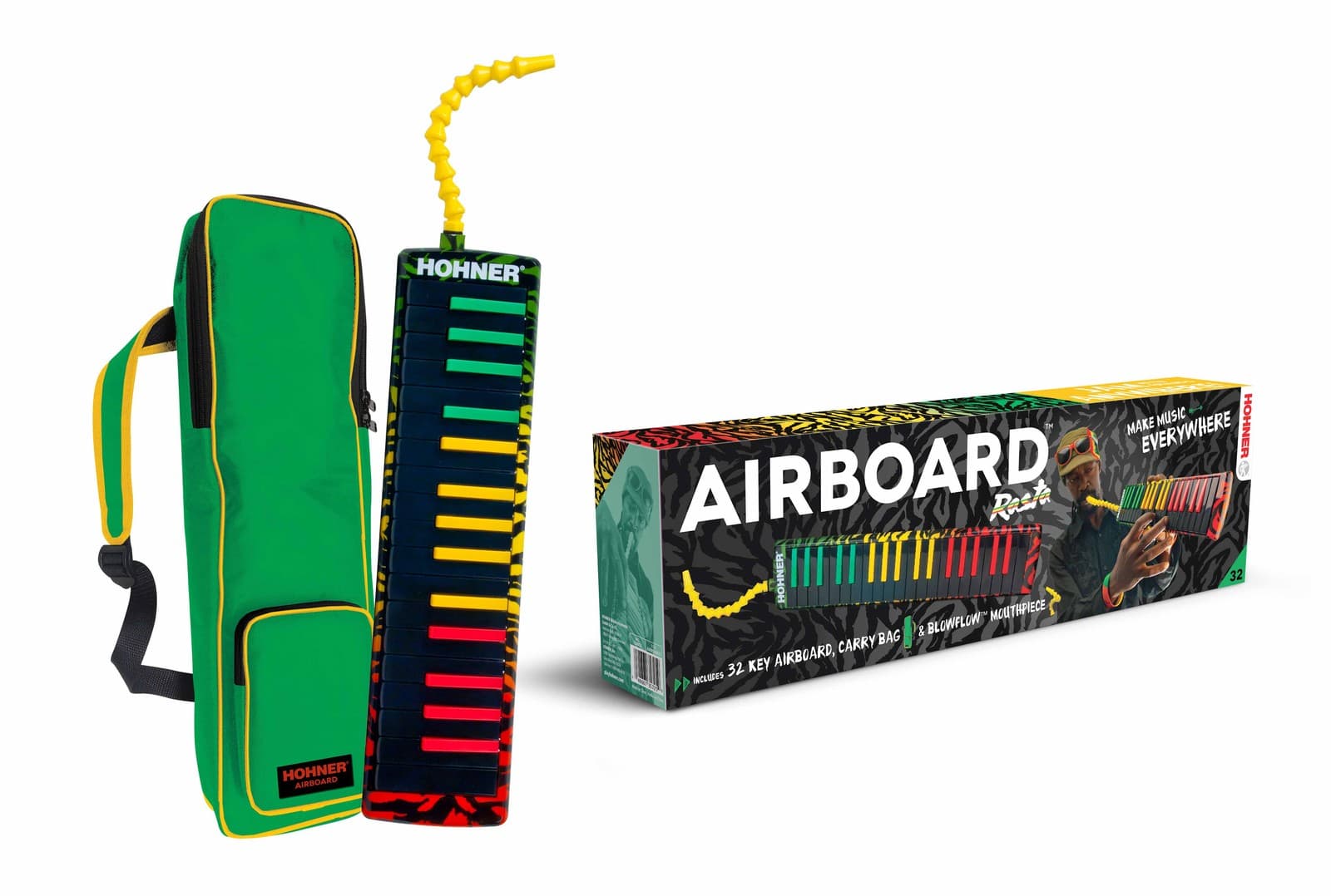 Hohner 32-Key Airboard with Blowflow Mouthpiece - Rasta Print w/ Gig Bag 3