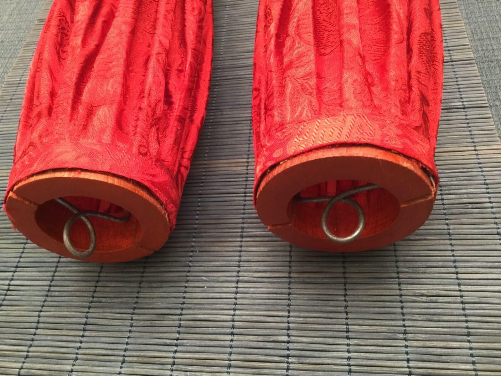 Vintage Pair Chinese Red Fabric Hanging Lanterns • 22” Long • New Unused 4