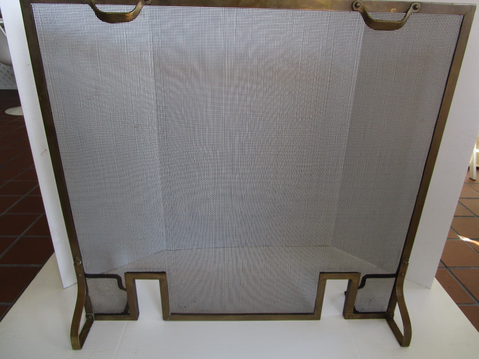Vintage Art Deco brass frame Fireplace Fire-screen w/andirons slots 31.5" W 1930 2