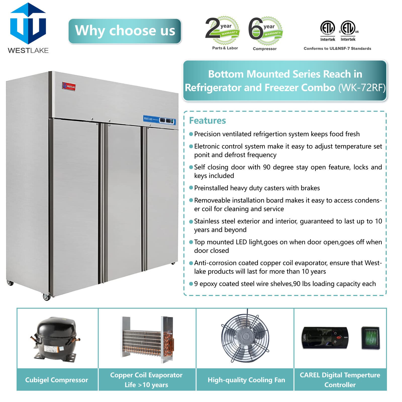 Commercial Refrigerator Freezer Combo, 3 door 72" Fridge Freezer Combination 4