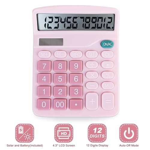 Basic Calculator with Comfortable Large LCD Display, 12 Digits Calculators Pink 4