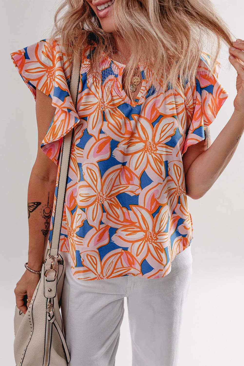 Orange Summer Flower Print Notched Neck Ruffle Sleeve Blouse 6