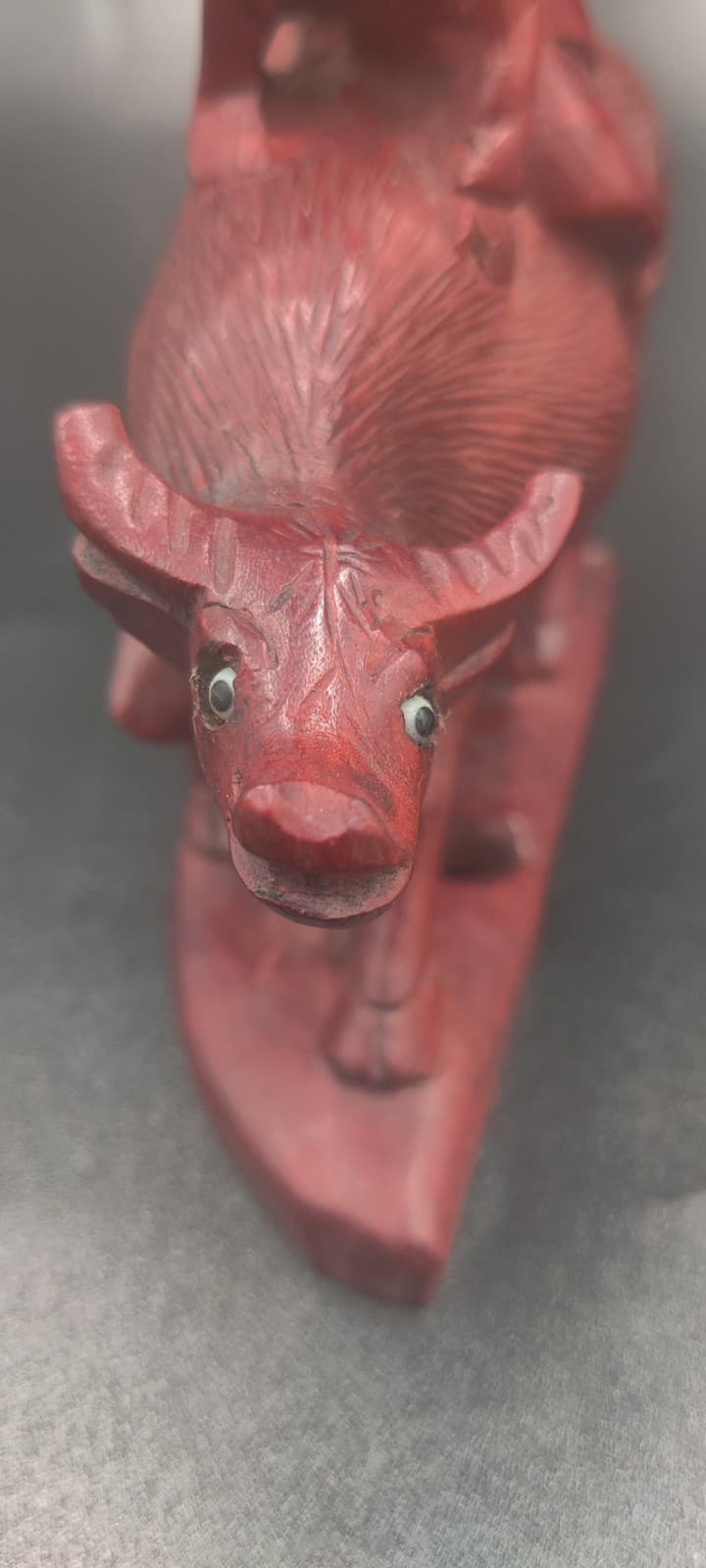 Vintage Creepy Eyes Hand Carved Wood Man Riding Water Buffalo Figurine  3