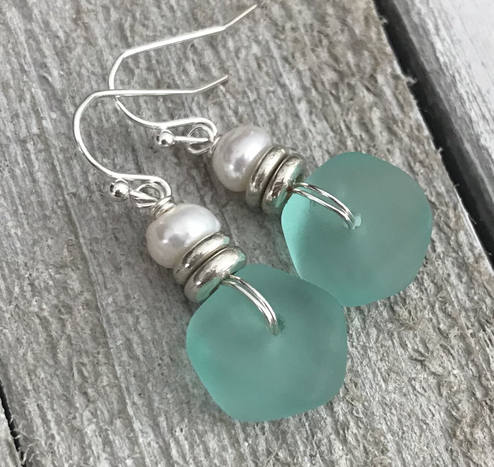 Min Favorit Turquoise Bay Sea Glass, Freshwater Pearl & Silver Pl Drop Earrings 4