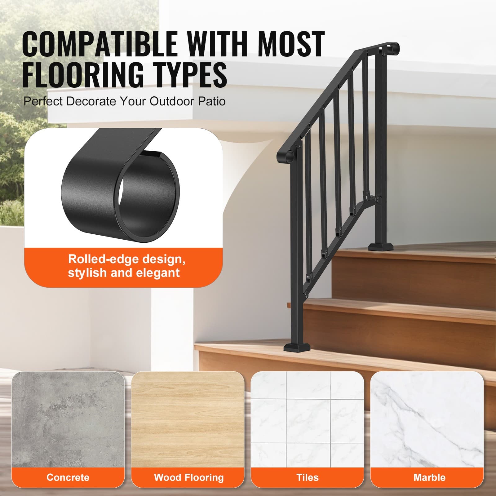 Uimoso 2-3 Step Handrails Outdoor Stair Railing for Porch Deck Black Retro Arch 5