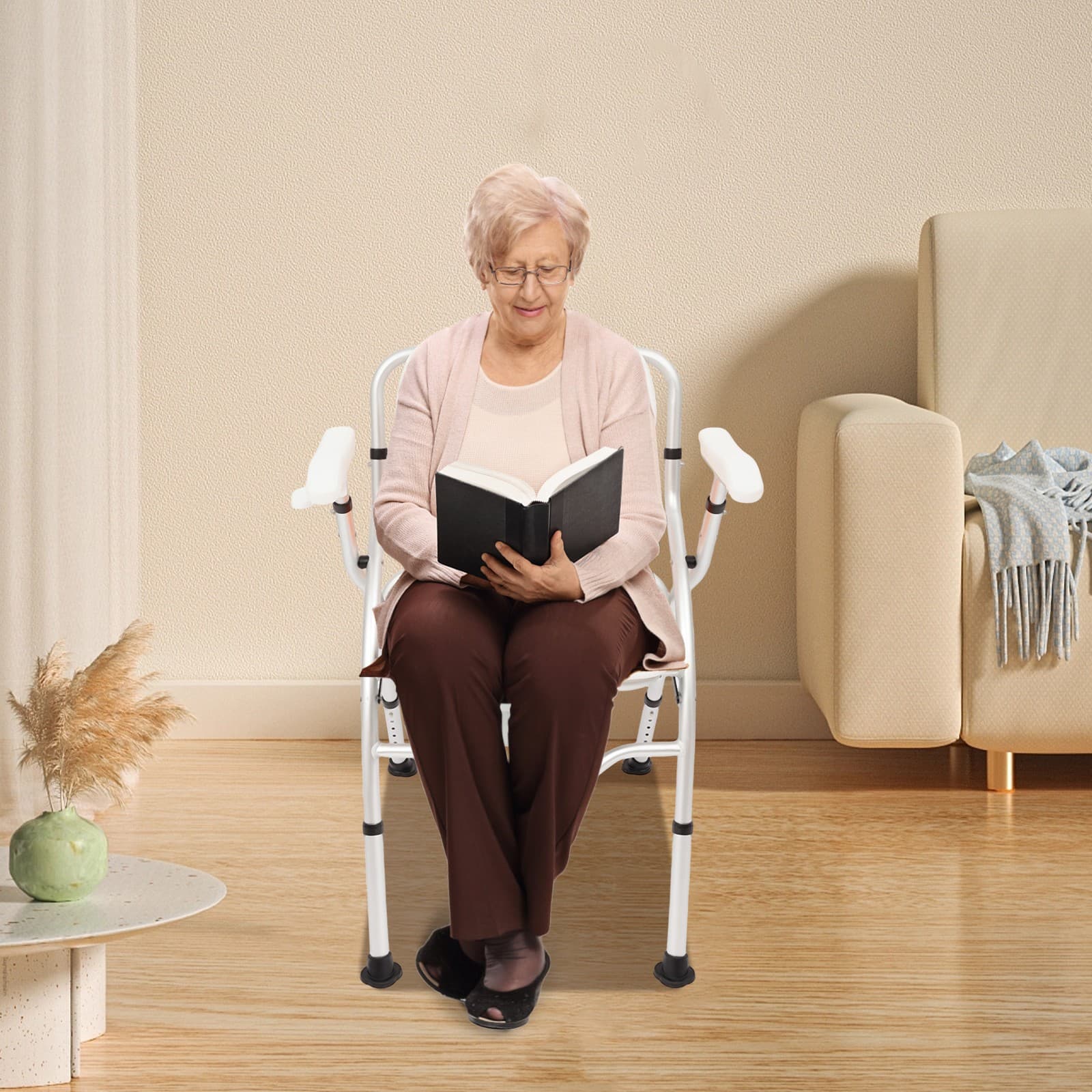 Bedside Adjustable Shower Chair Commode Chair w/Backrest & Armrest Floorstanding 6